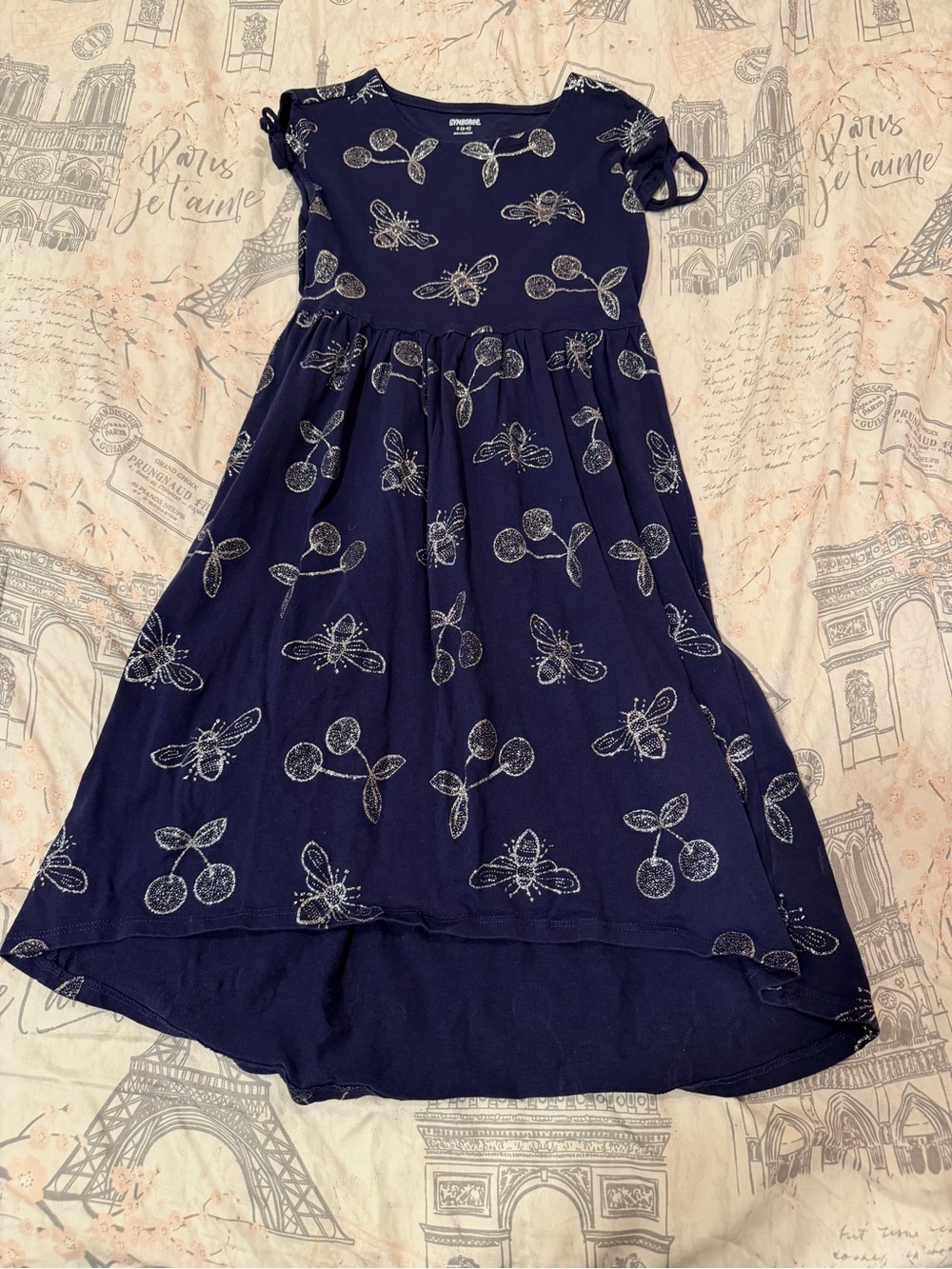 Gymboree Navy Dress with Sparkly Cherry & Bee Print size S (5-6)